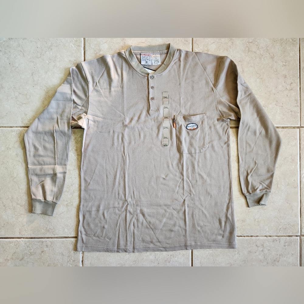 NWT Rasco FR Henley Shirt 2XL Khaki Tan Flame Resistant Workwear Long Sleeve